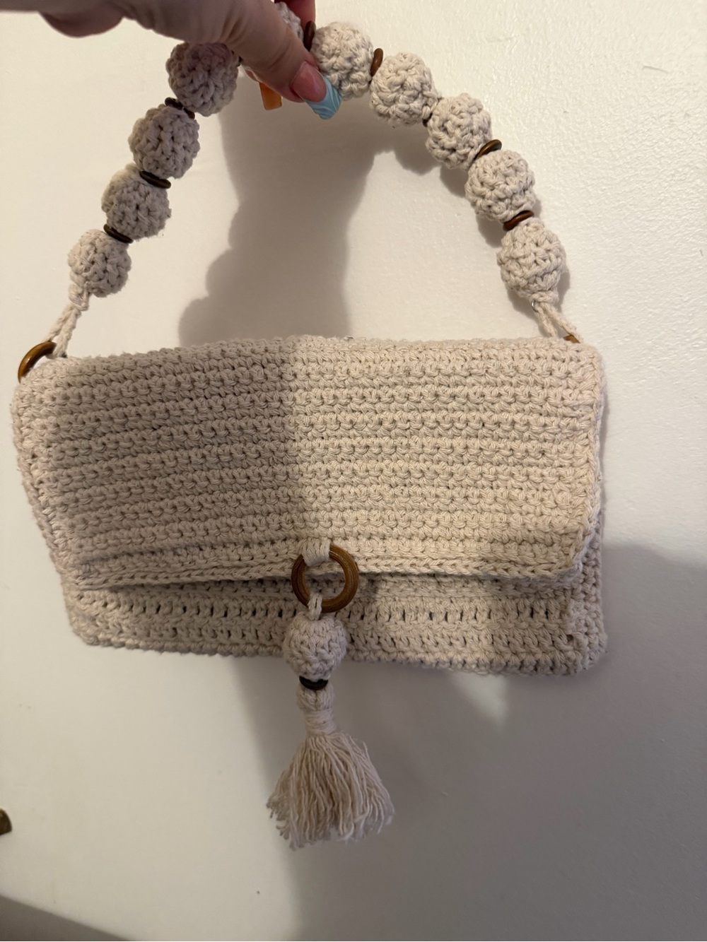 Handmade Cream Crochet Shoulder Bag with Tassel